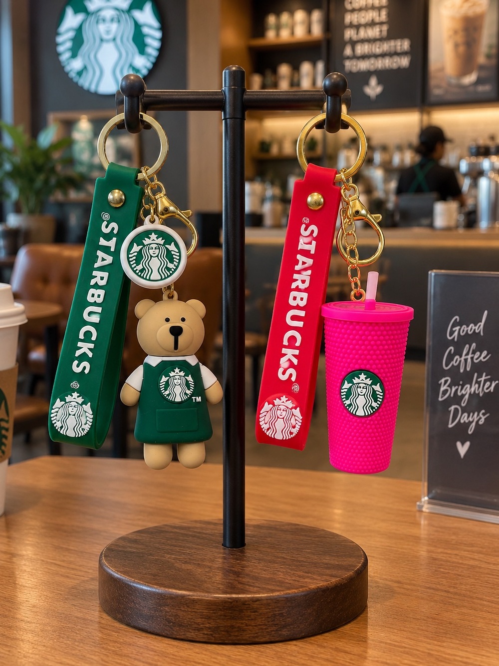Pink Tumbler & Brown Bear Coffee Lover Keychain Charms Set (2pc)